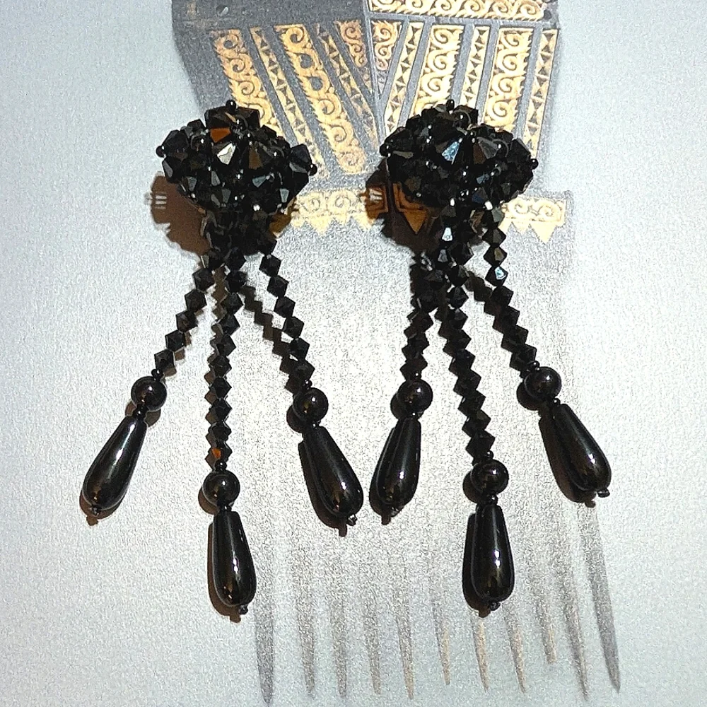 VTG French Jet Shoulder Brusher Earrings 3.5" !!! - Picture 7 of 7